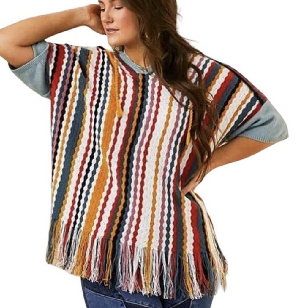 Gimmicks Striped Fringe Hooded Oversize Short Sleeve Boho Knit Sweater Sz Large